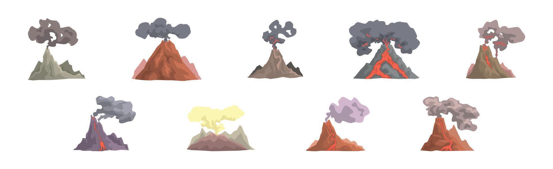 Erupting Volcano with Smoke at Top of Mountain Set vector