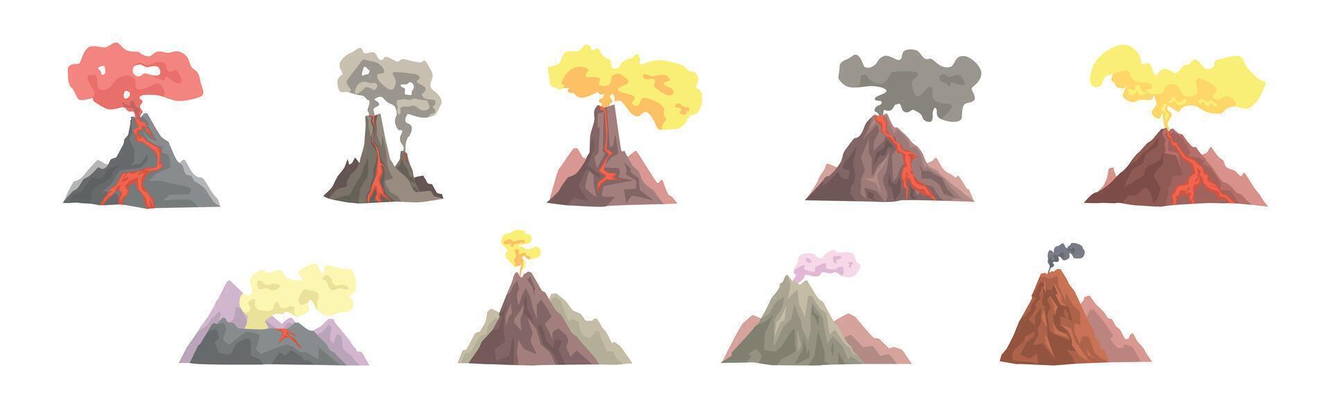 Erupting Volcano with Smoke at Top of Mountain Set vector