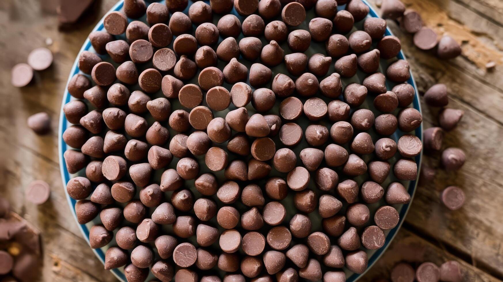 A plate full of chocolate chips on a wooden table photo