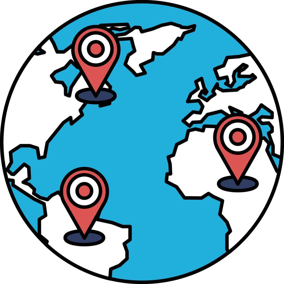 A blue and white globe with three red pins on it vector