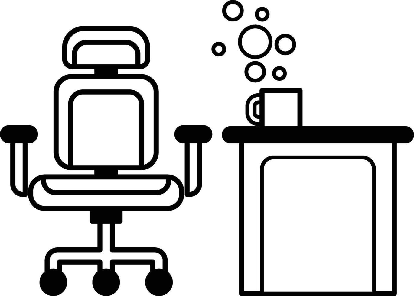 A black and white drawing of a chair and a table with a cup of coffee on it vector
