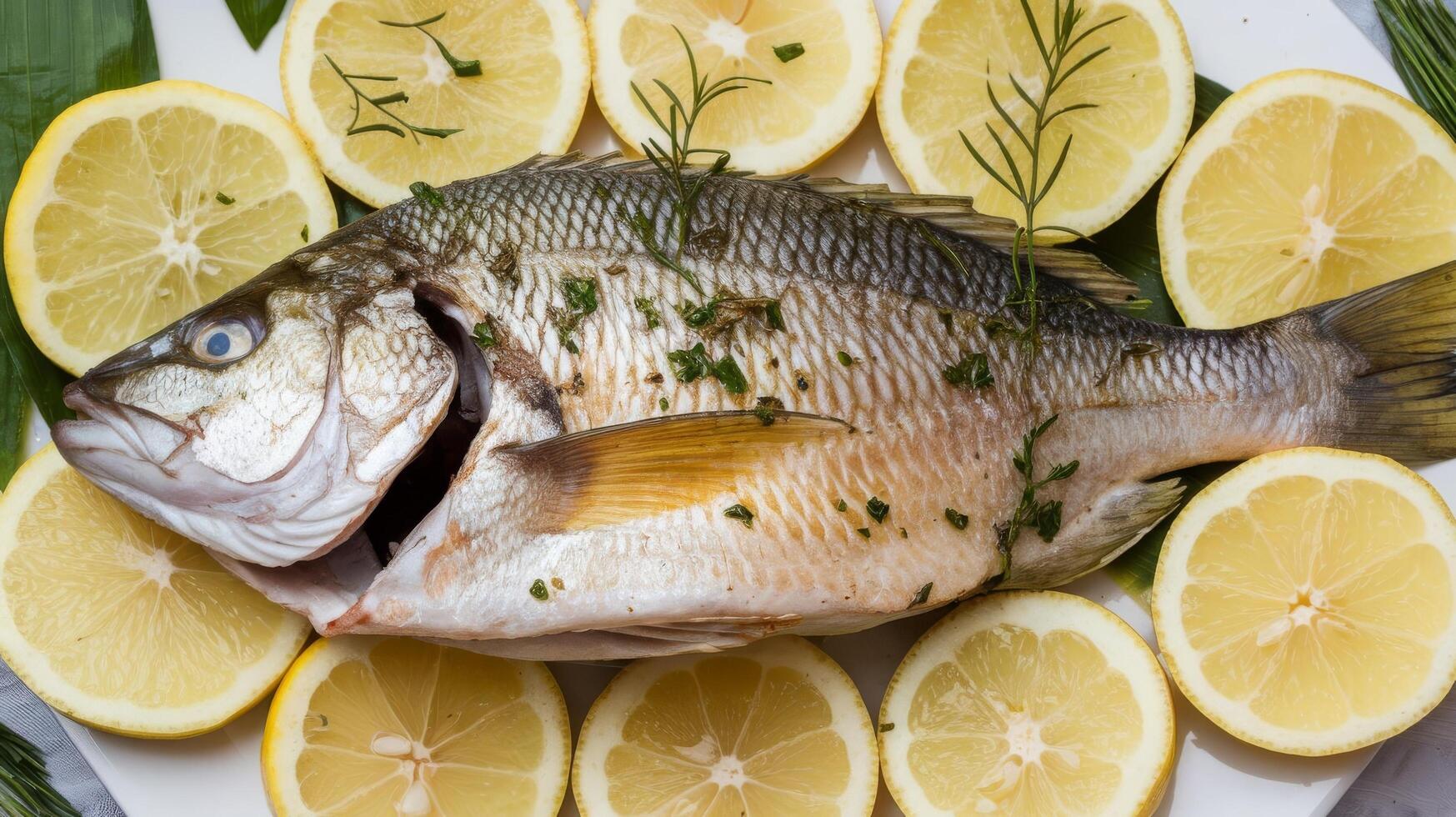 A large fish with lemons and herbs on a plate photo