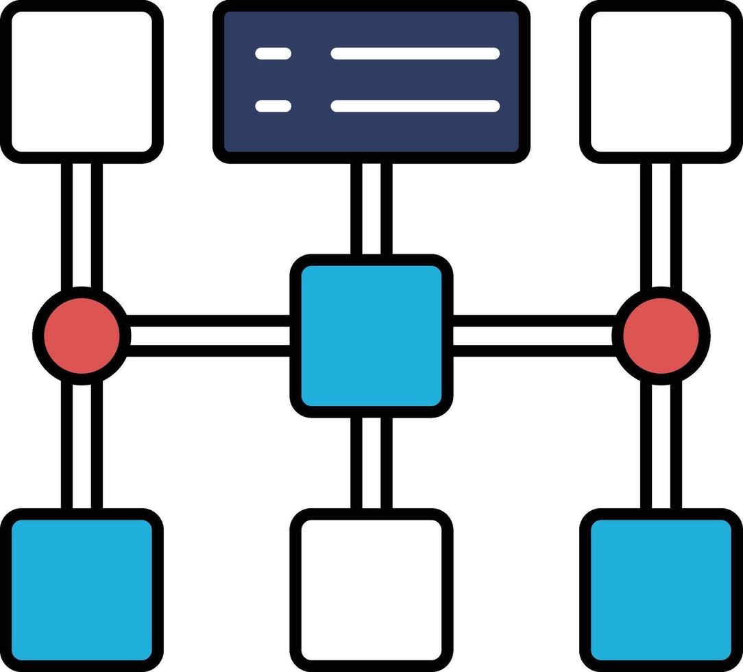 A blue and white drawing of a network of boxes with red circles in the middle vector