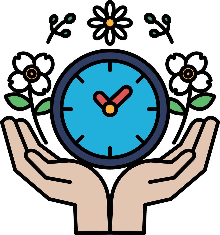 A hand holding a clock with flowers in the background vector