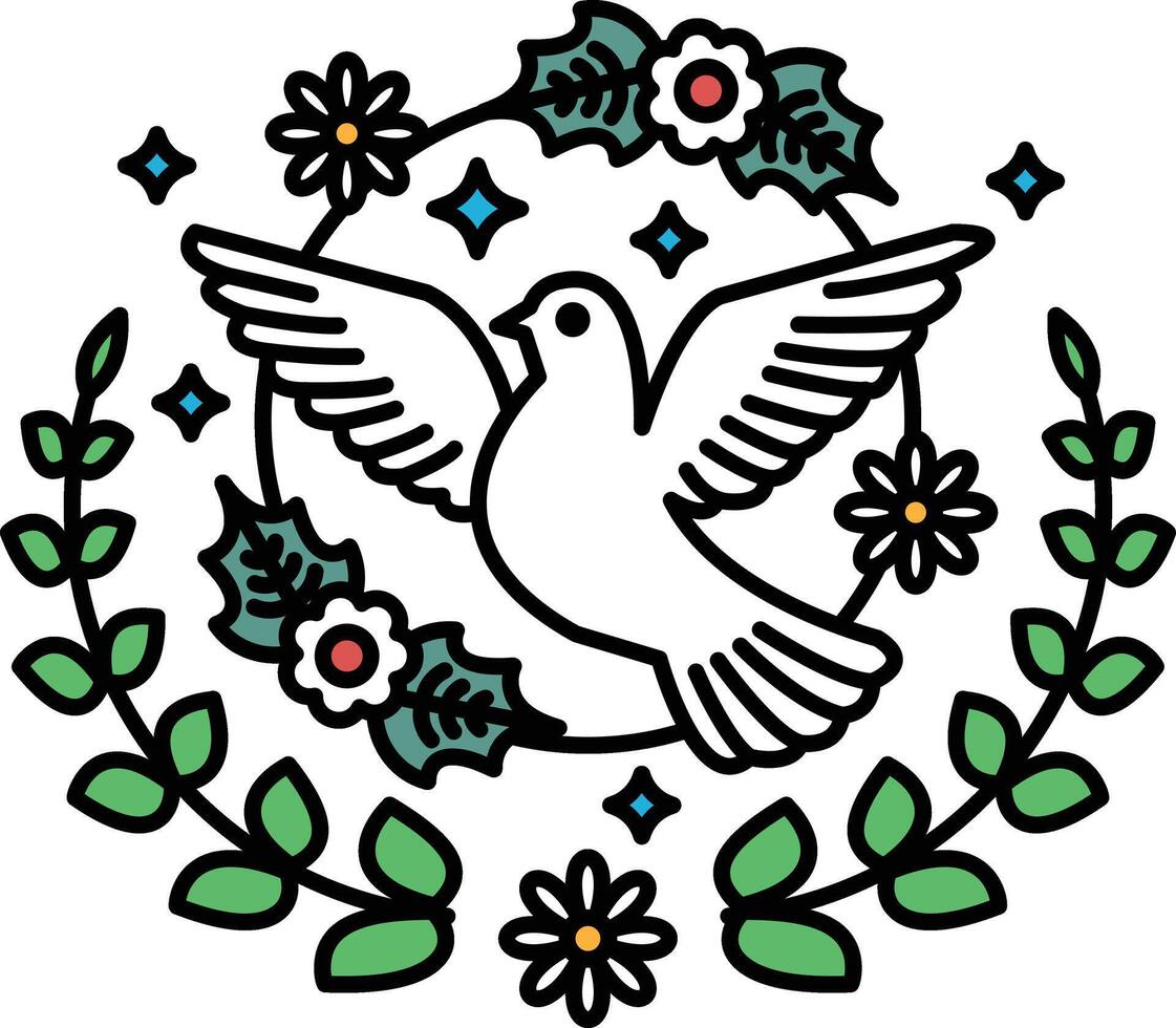 A white dove is surrounded by flowers and leaves vector