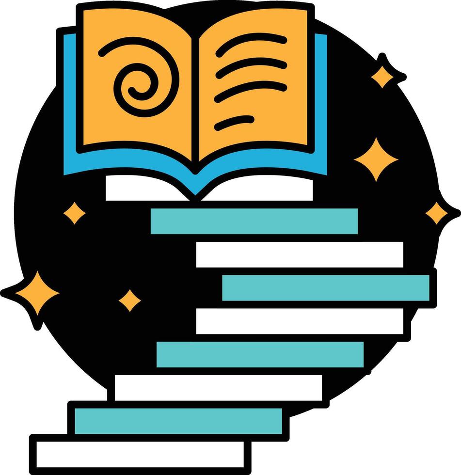 A book with a spiral on the cover and a staircase underneath it vector