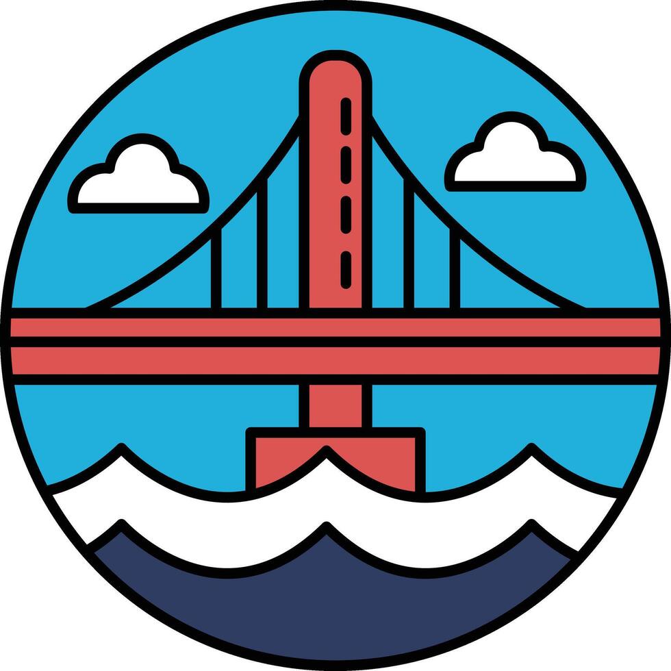 A blue and red bridge spans a body of water vector