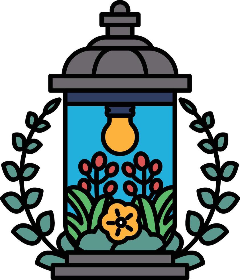 A lamp with a light bulb inside and a flower on top vector
