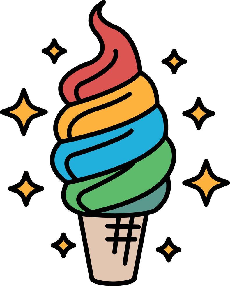 A colorful ice cream cone with a rainbow swirl and a red flame on top vector