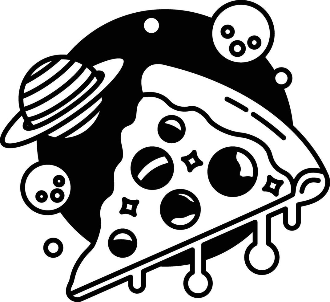slice of pizza with a planet and a bunch of other planets surrounding it vector