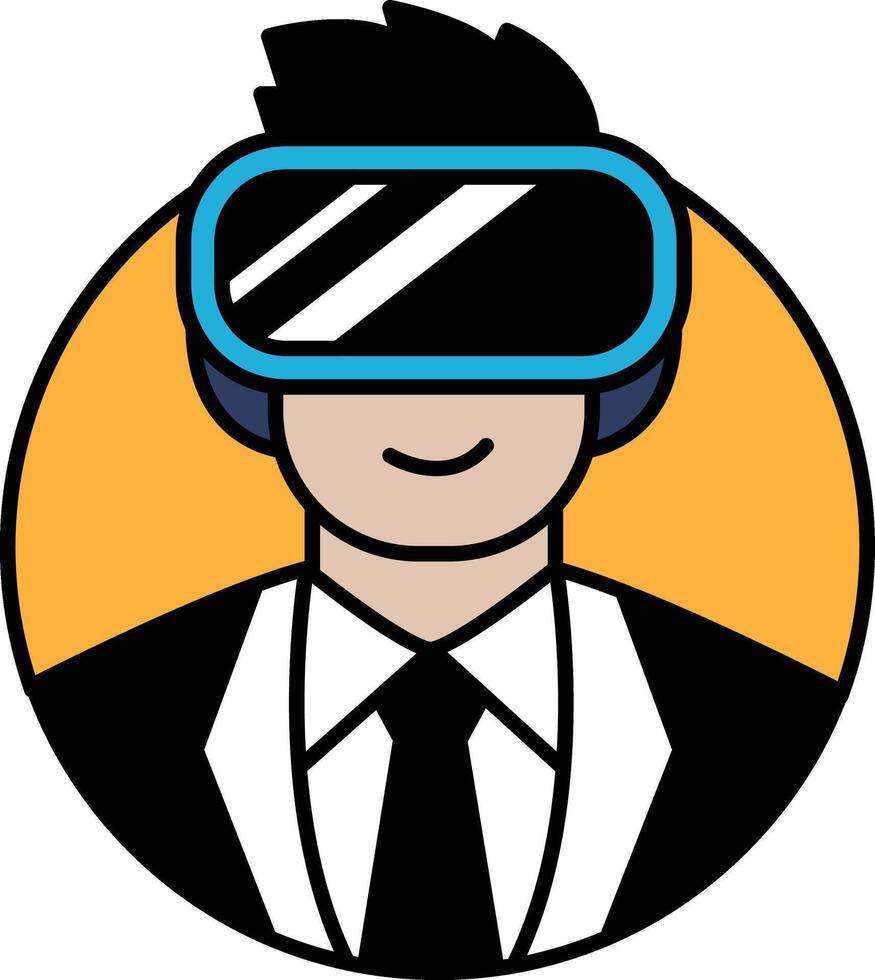 A man wearing a suit and tie with a virtual reality headset on his head vector