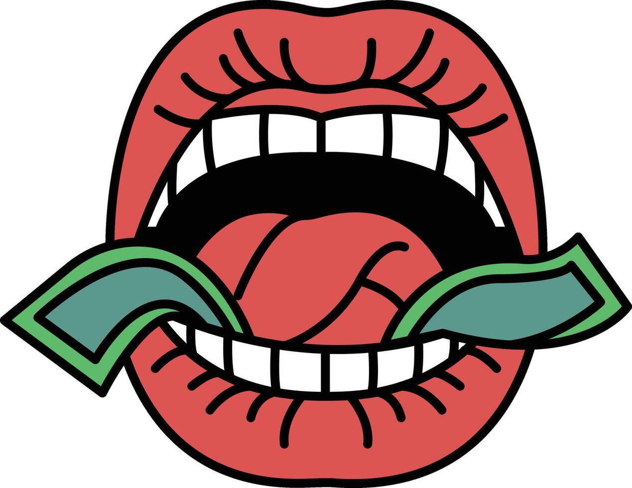 A cartoon of a mouth with a tongue sticking out and a bunch of money in it vector