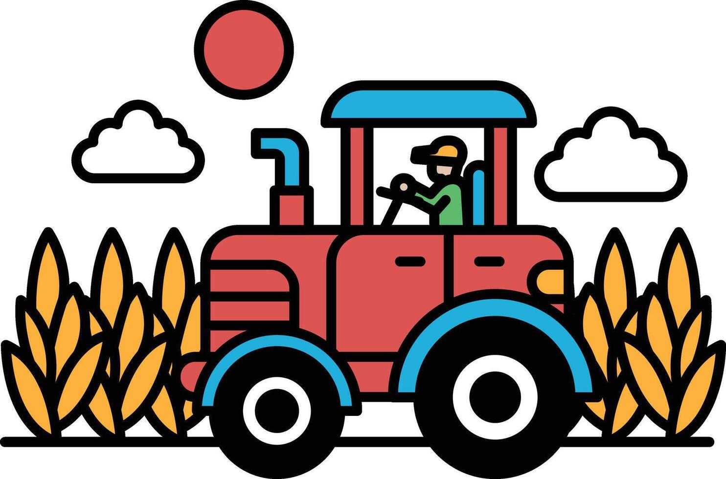 A red tractor with a man driving it through a field of corn vector