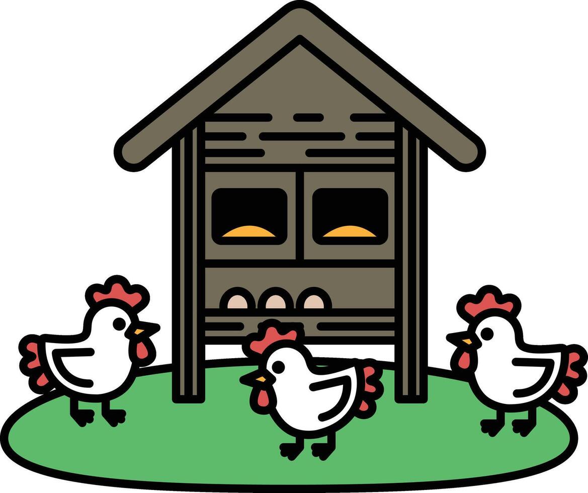 Three chickens are walking around a chicken coop vector