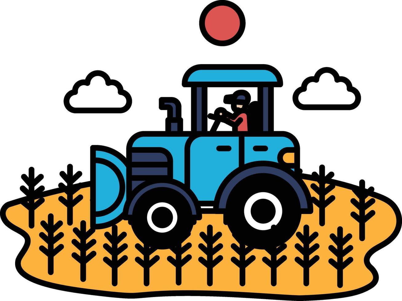 A blue tractor is driving through a field of corn vector