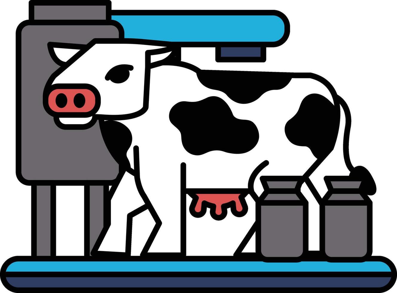 A cartoon cow is standing in front of a milk machine vector