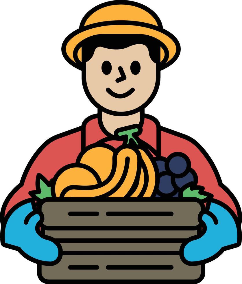A man is holding a basket of fruit, including bananas and grapes vector