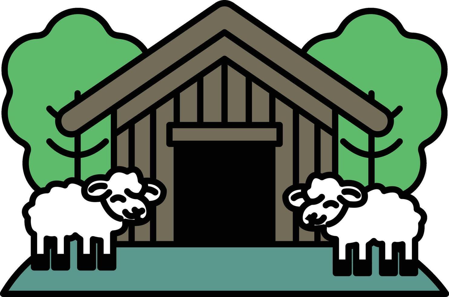 A cartoon drawing of a barn with two sheep standing outside of it vector