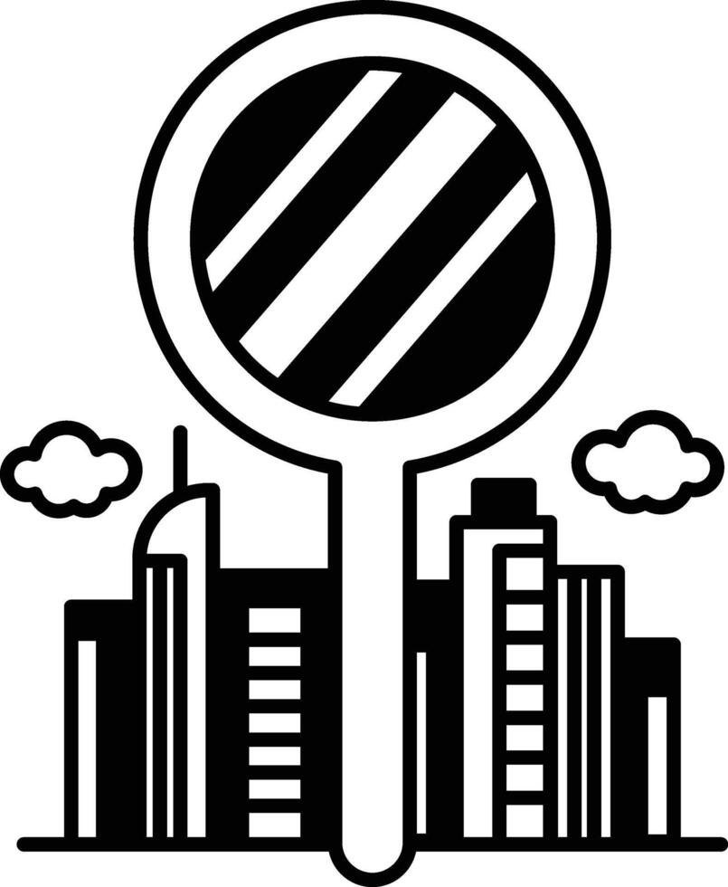 city skyline is reflected in a magnifying glass vector
