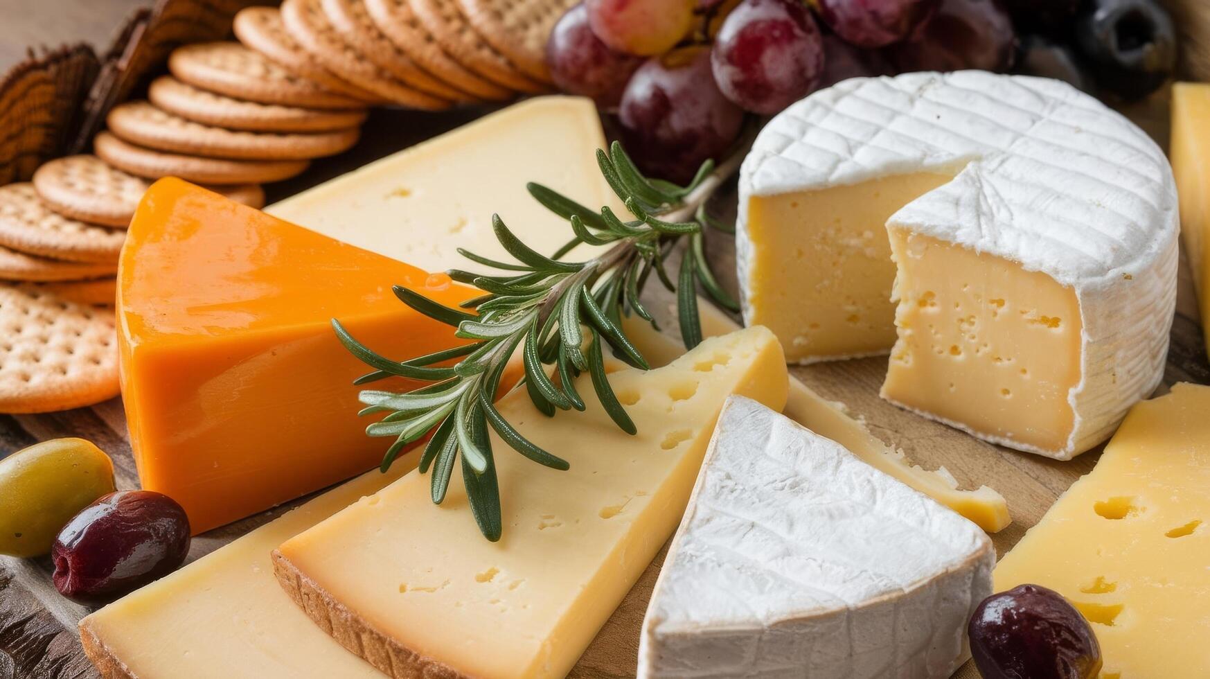 Cheese and crackers on a wooden board photo