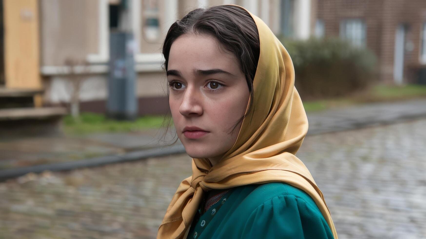 A young woman in a green dress and yellow scarf photo