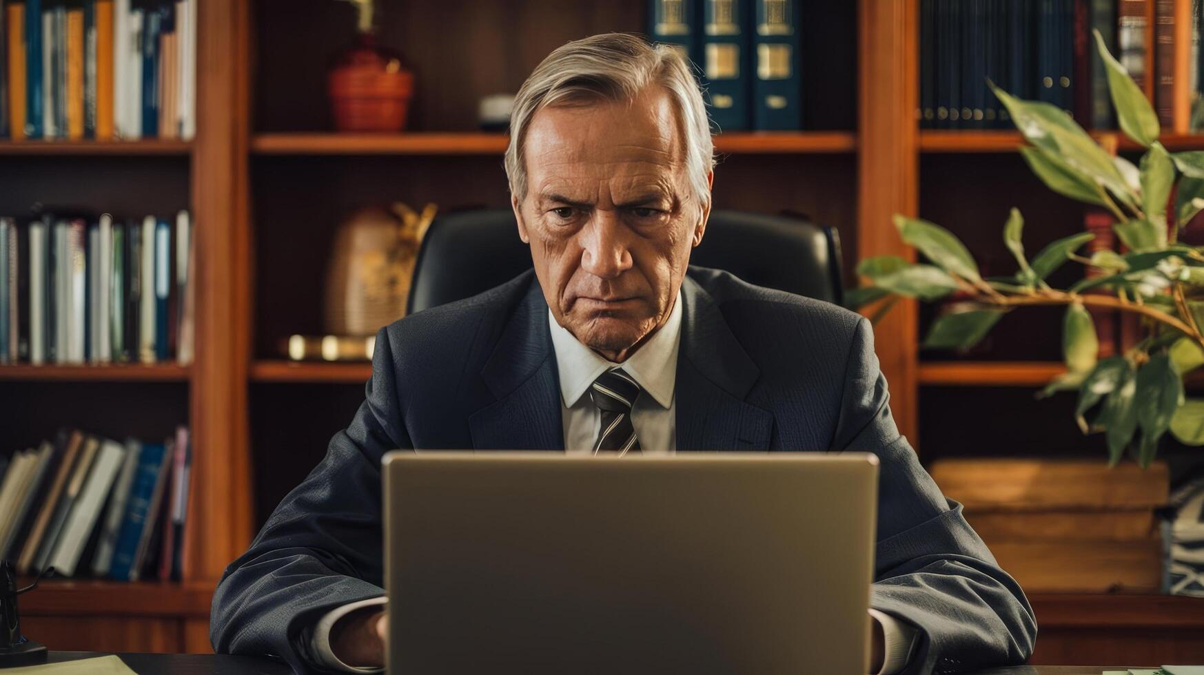 An angry man in a suit sitting at a desk with a laptop photo