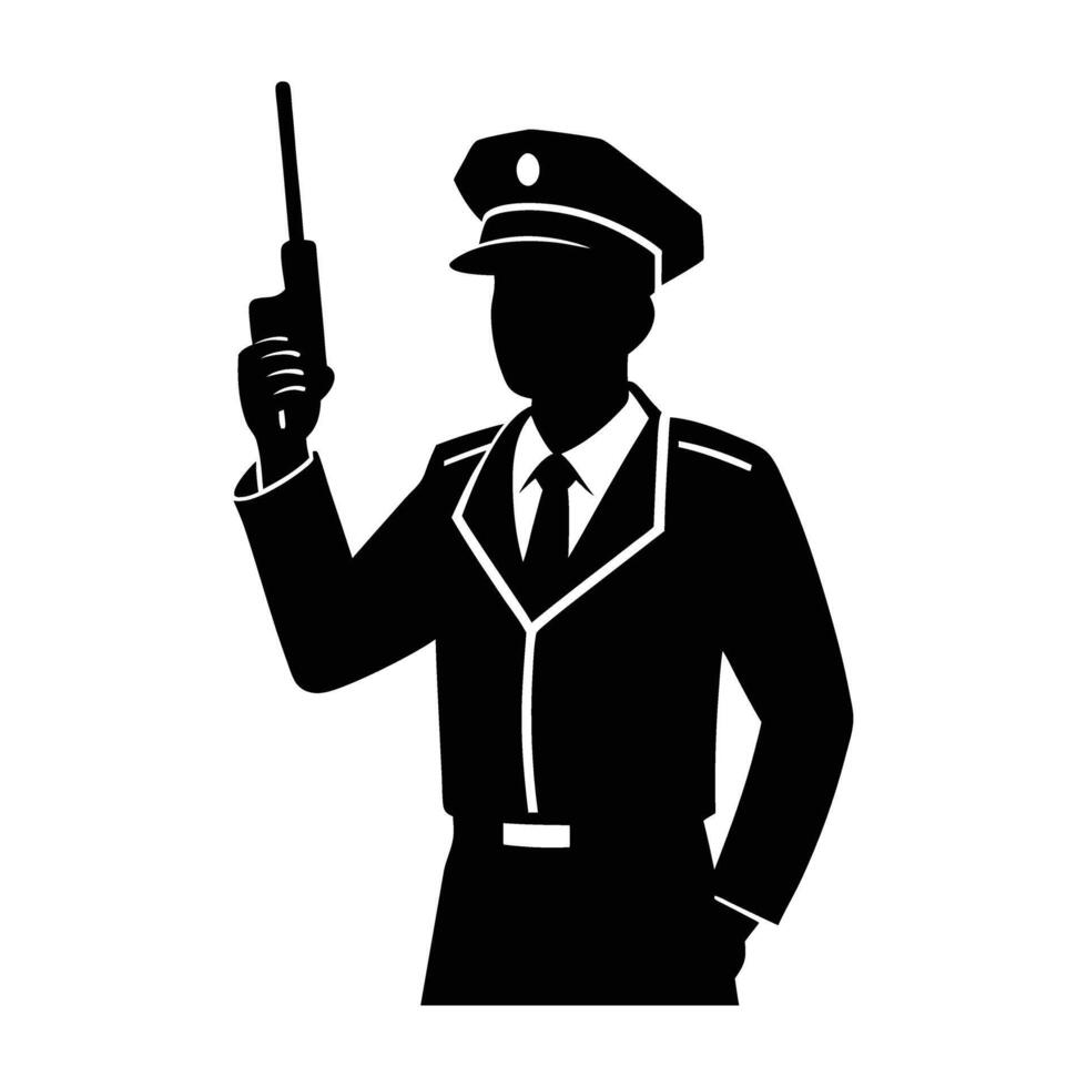 Police officer using a walkie talkie during standard urban patrol shift vector