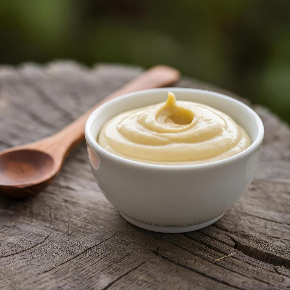 A bowl of mustard with a wooden spoon on a wooden table photo