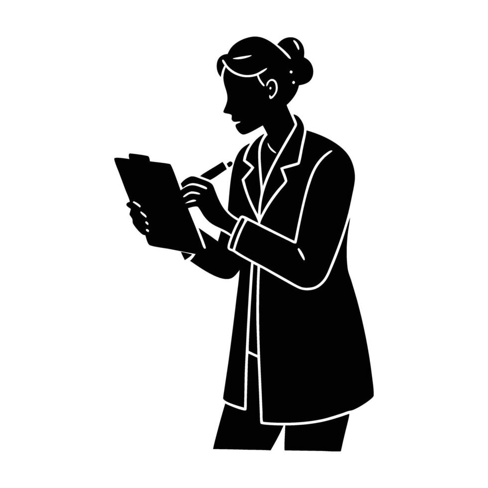 Scientist diligently taking notes on a clipboard during active research vector