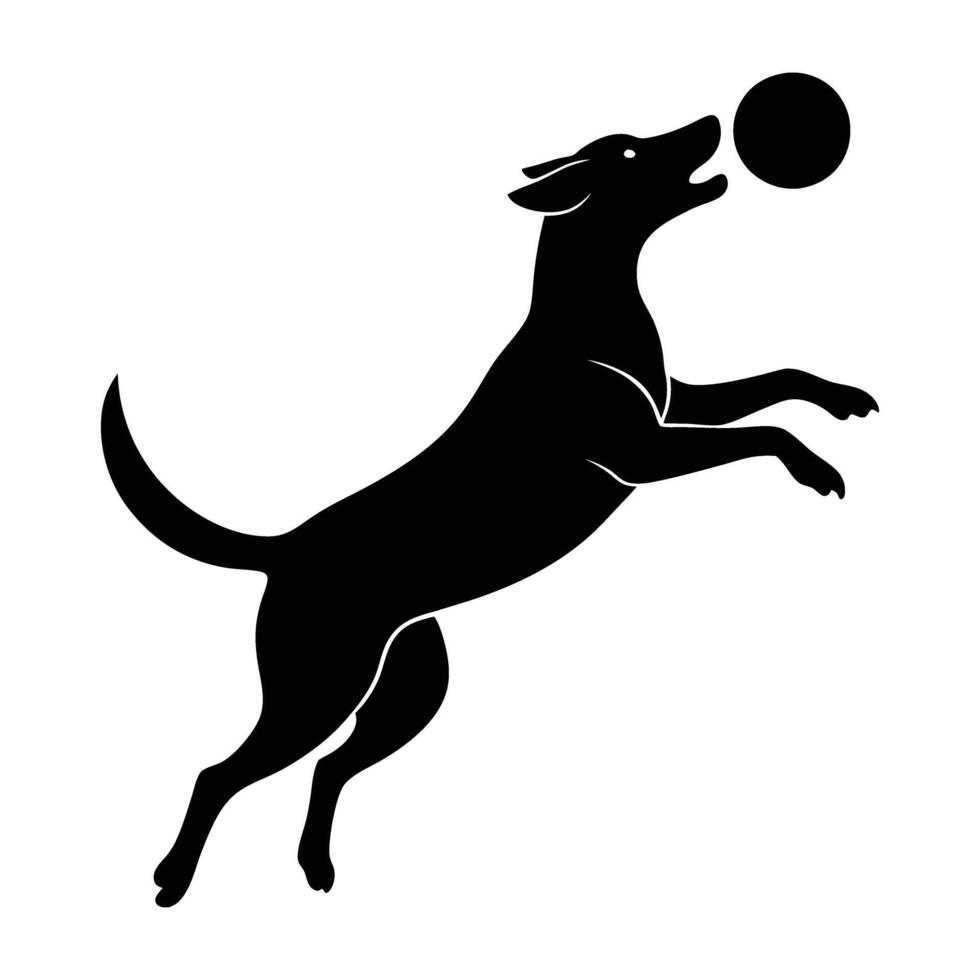 Lively dog leaping to catch a frisbee in bold silhouette action vector