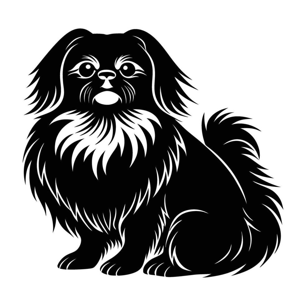 Graceful pekingese dog seated with luxurious long silky fur in silhouette vector