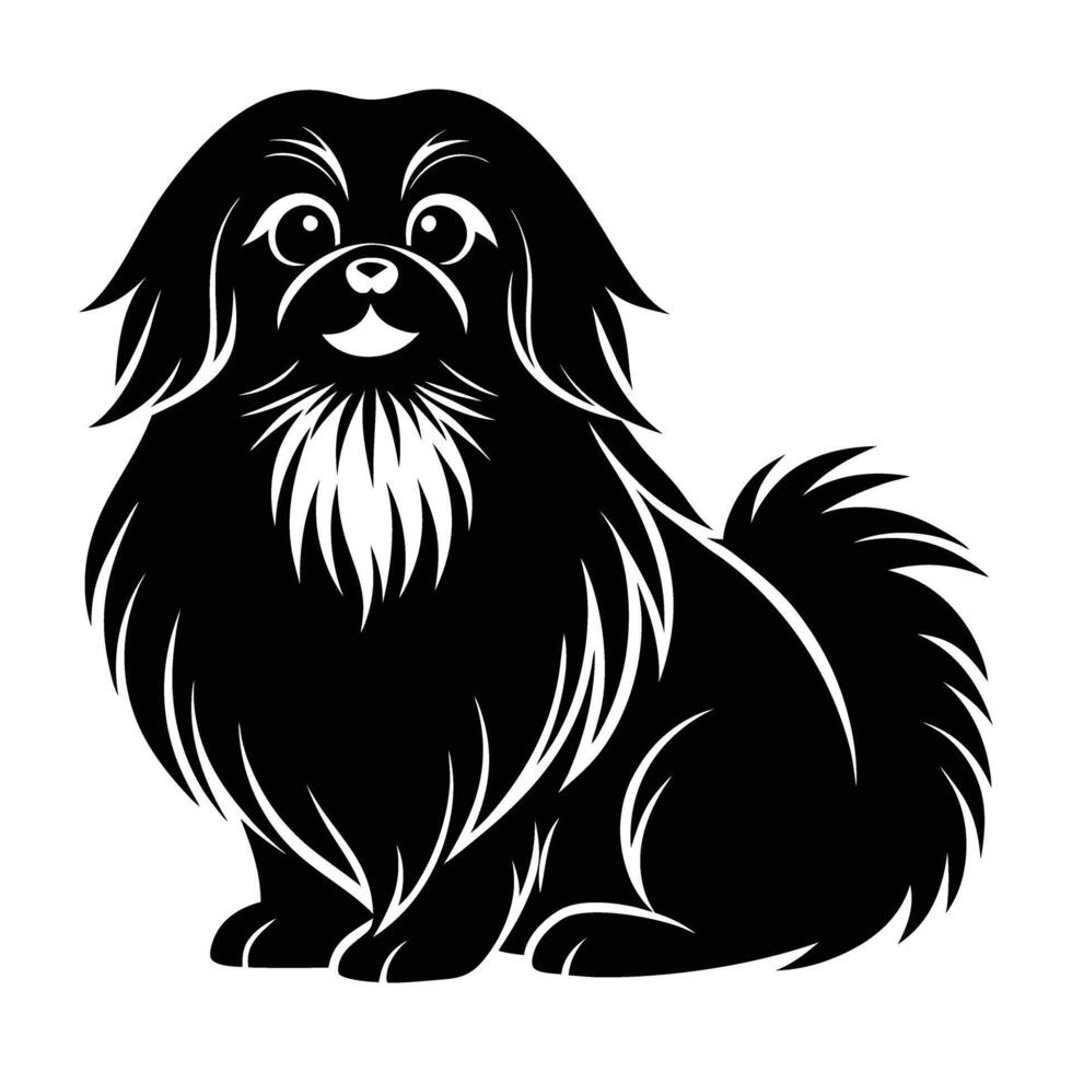 Elegant pekingese dog sitting with long silky fur showcased in silhouette vector