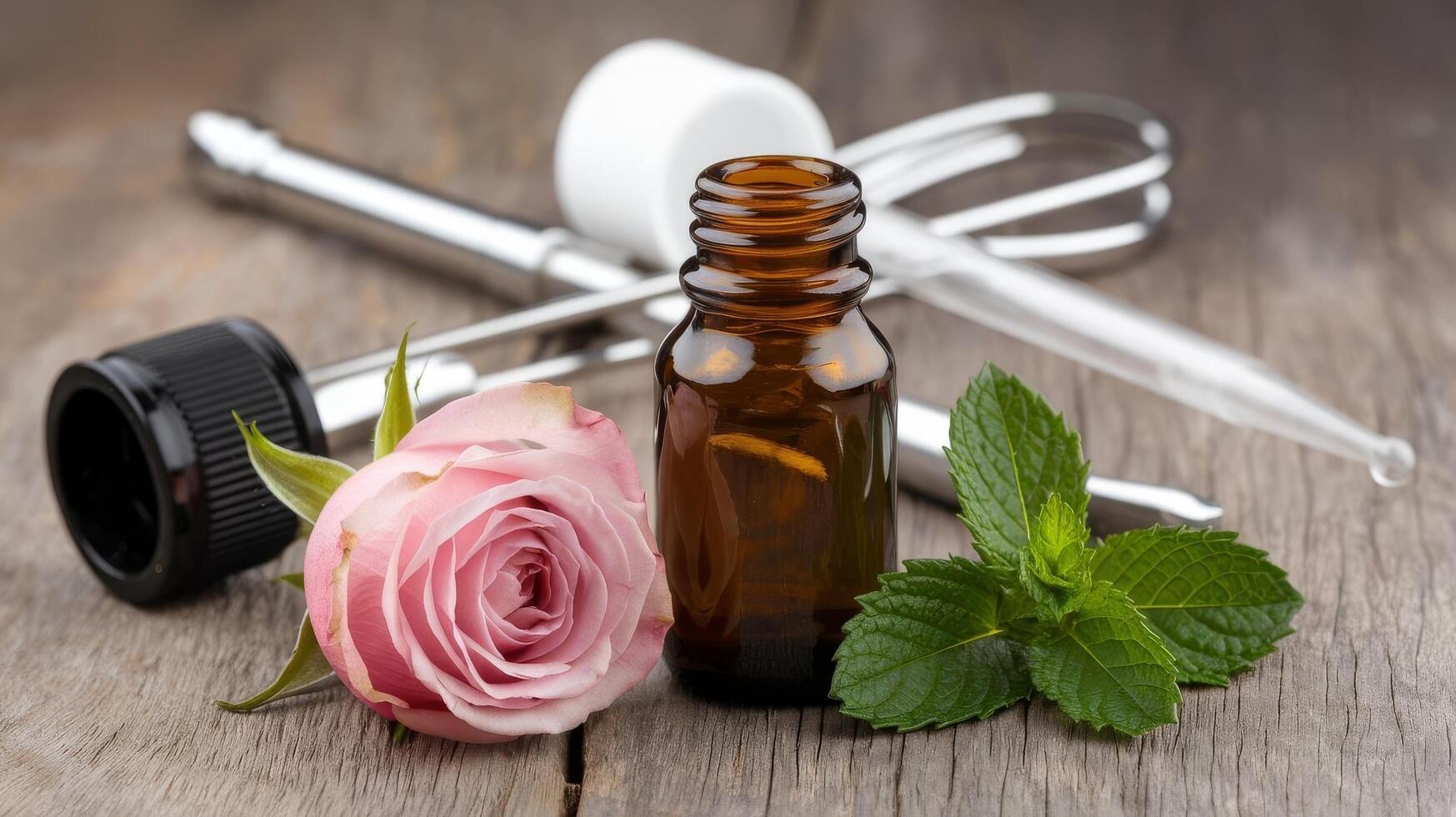 Essential oils and rose on wooden table photo