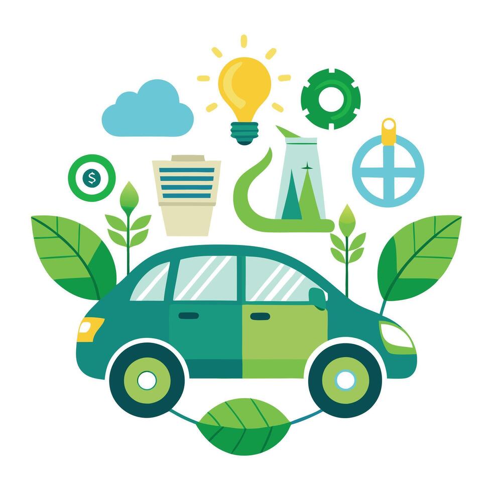 Car Icon with Eco-Friendly and Fuel-Efficient Elements and Isolated Background vector