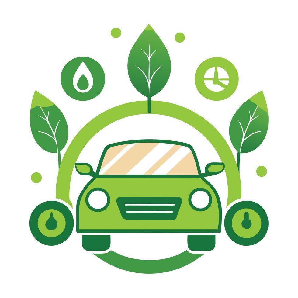 Elegant Car Icon with Eco-Friendly and Fuel-Efficient Elements and Isolated Background vector
