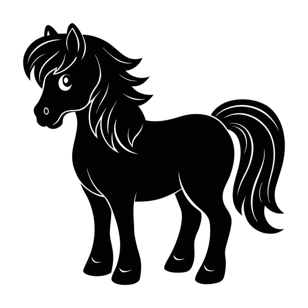Pony standing proudly with short legs and a thick flowing mane on grass vector