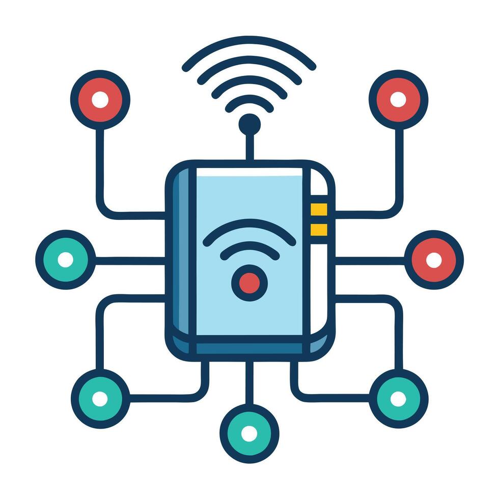 Connected Device Icon with Network Signals and Isolated Background vector