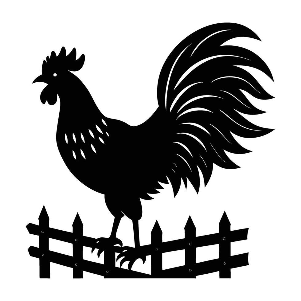 Rooster flapping its wings vigorously atop a rustic wooden fence vector