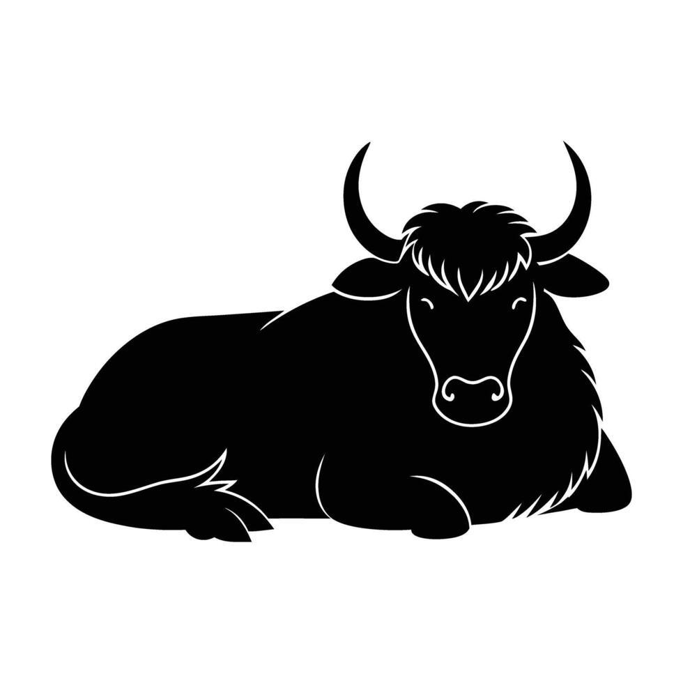 Sturdy Yak Lying Down with Gracefully Curved Horns in a Bold Silhouette vector