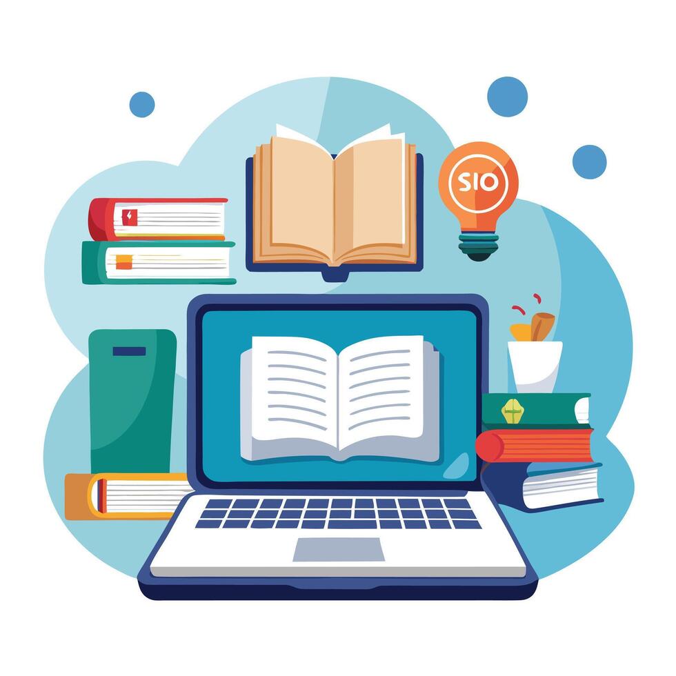 Laptop Icon with Open Books and Isolated Background vector
