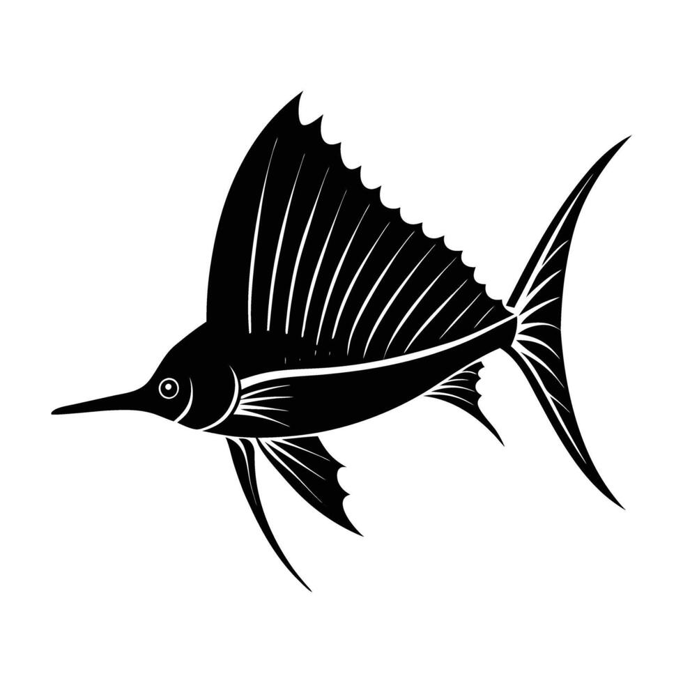 Speedy sailfish swimming with a sail like dorsal fin raised high in silhouette vector