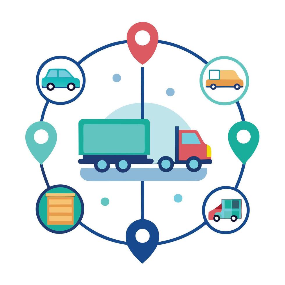 The truck is surrounded by icons and maps vector