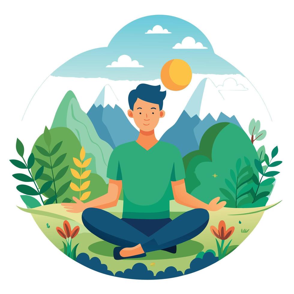 Serene Nature Scene Icon with a Person Meditating and Isolated Background vector