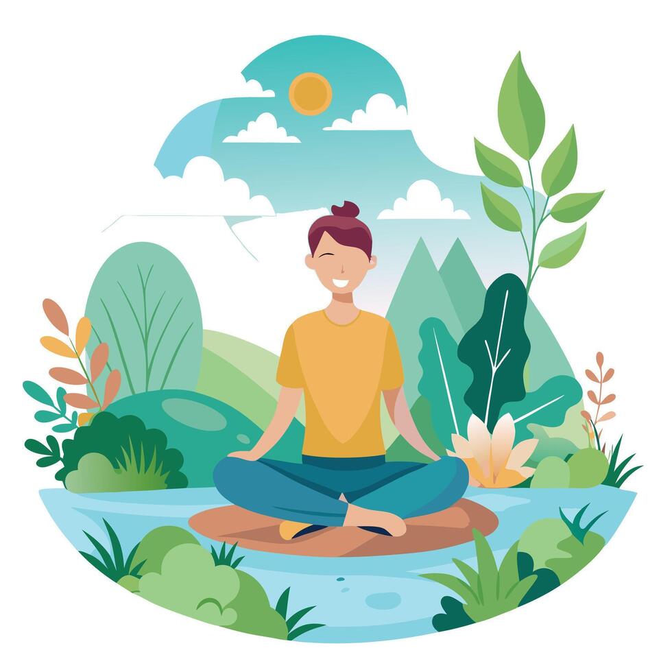 Elegant Serene Nature Scene Icon with a Person Meditating and Isolated Background vector