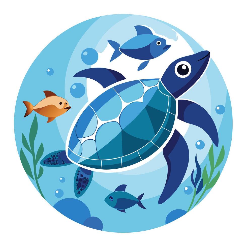 Modern Turtle Icon Swimming with Fish and Isolated Background vector