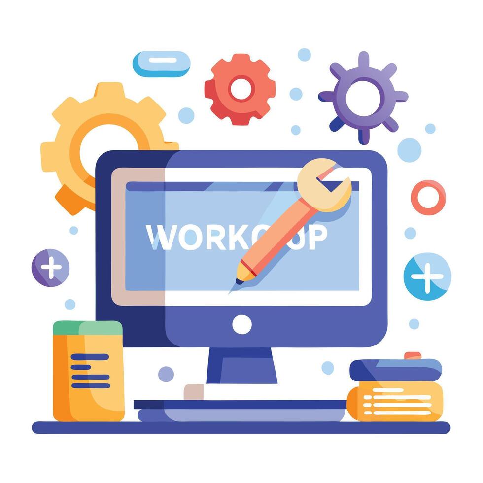 Computer Icon with Workshop Tools and Isolated Background vector