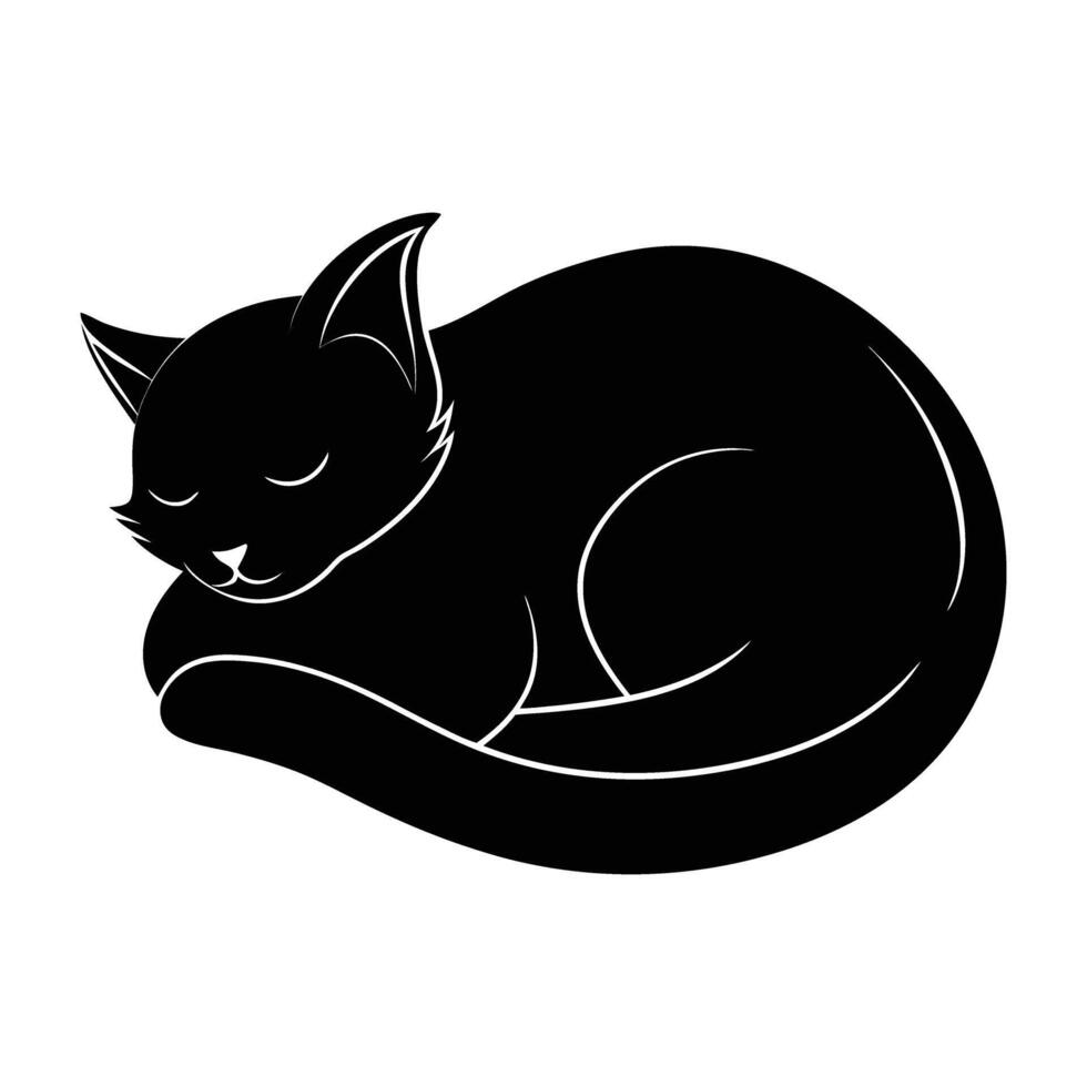 Calm cat peacefully sleeping curled up with a gentle tail over its nose on a soft backdrop silhouette vector