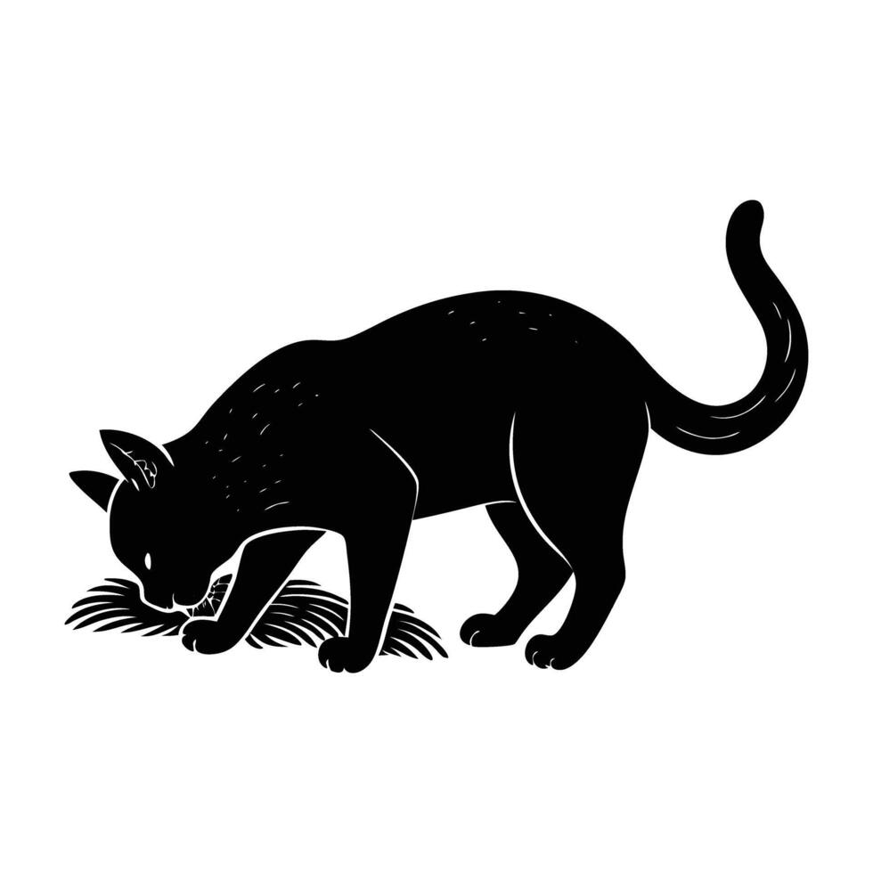 Curious cat sniffing the ground in clear detailed silhouette vector