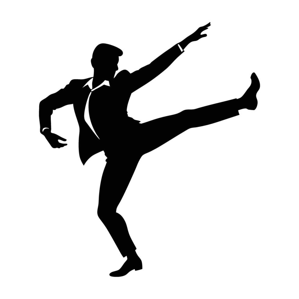 Dynamic swing dancer mid-kick showcasing lively energy and rhythmic motion in graceful performance silhouette vector