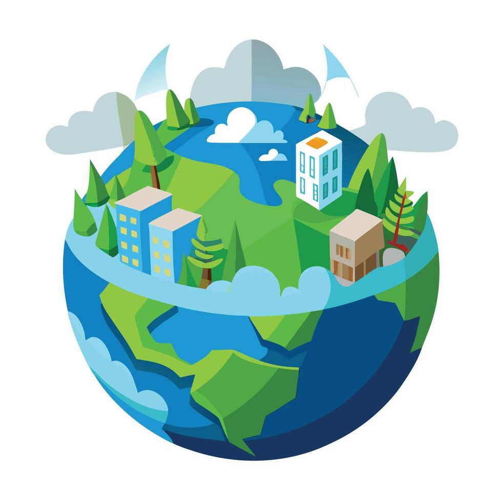 Modern 3D Globe Icon with Natural and Urban Elements and Isolated Background vector